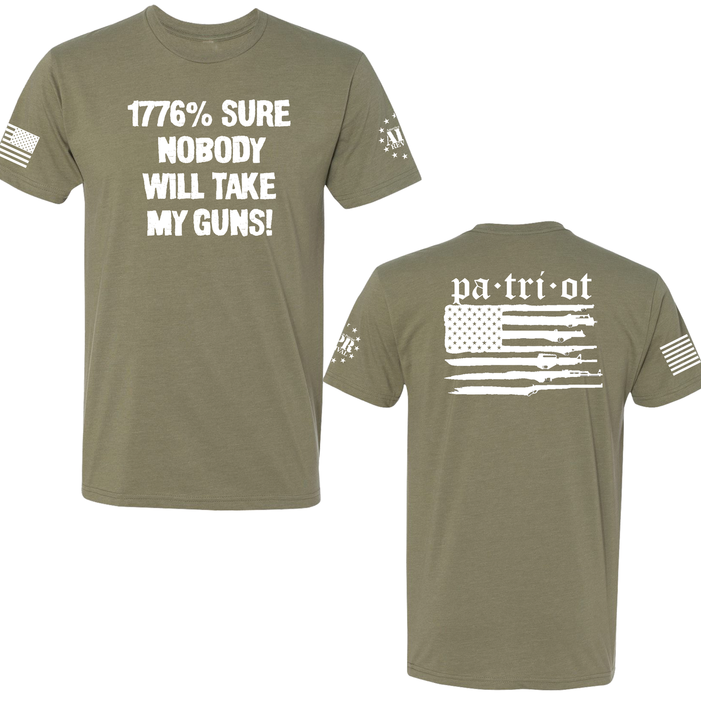 1776% Sure t-shirt with bold text 'Nobody Will Take My Guns' as a statement of support for the Second Amendment and gun rights