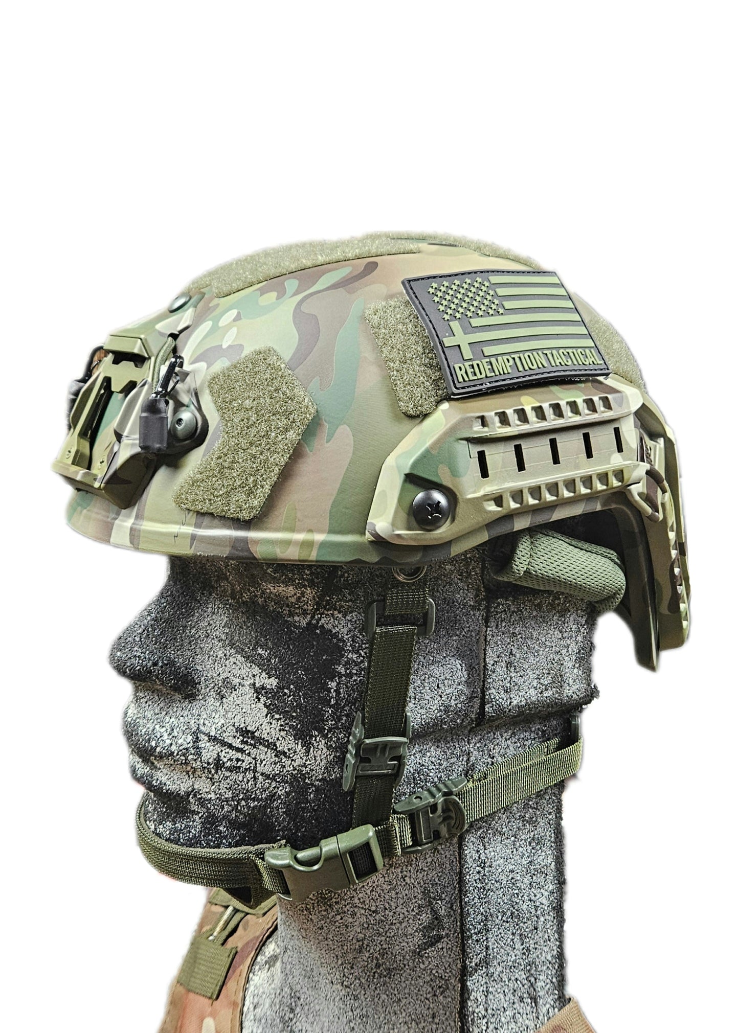Front view of RT2 ballistic tactical helmet with NVG mount and Arc rails, designed for military and law enforcement use. military gear and tactical gear by green tip surplus