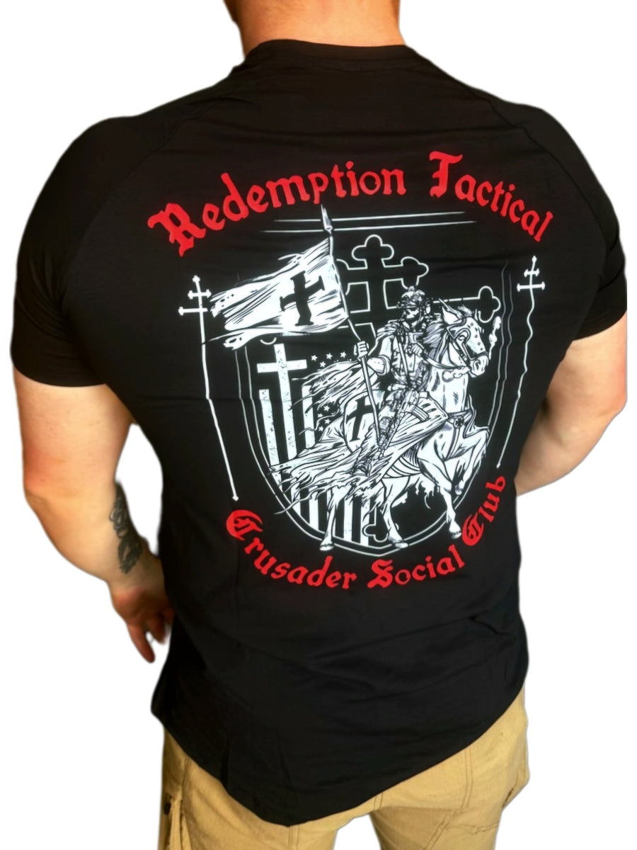 redemption tactical Back design of the Crusader Social Club T-Shirt in black, showing the bold Crusader Social Club logo. Available at Green Tip Surplus with free US shipping on $50+