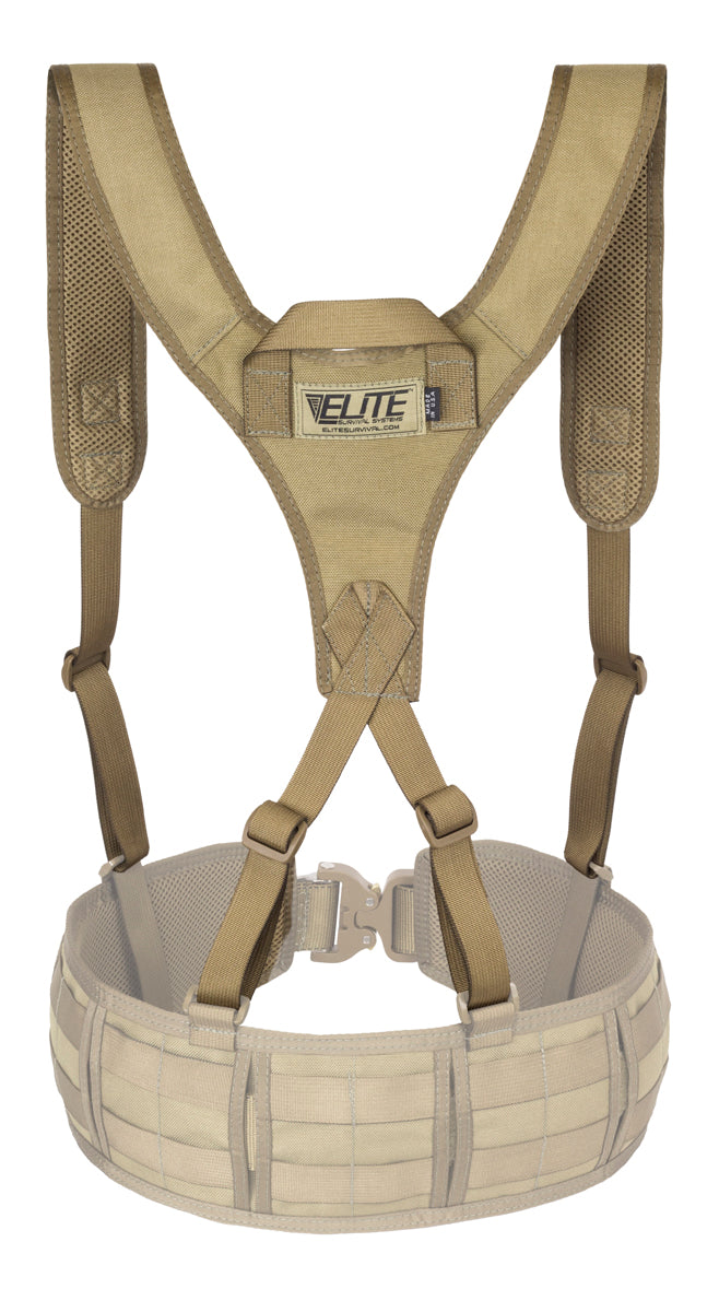 Coyote brown load-bearing chest harness with drag handle – back view