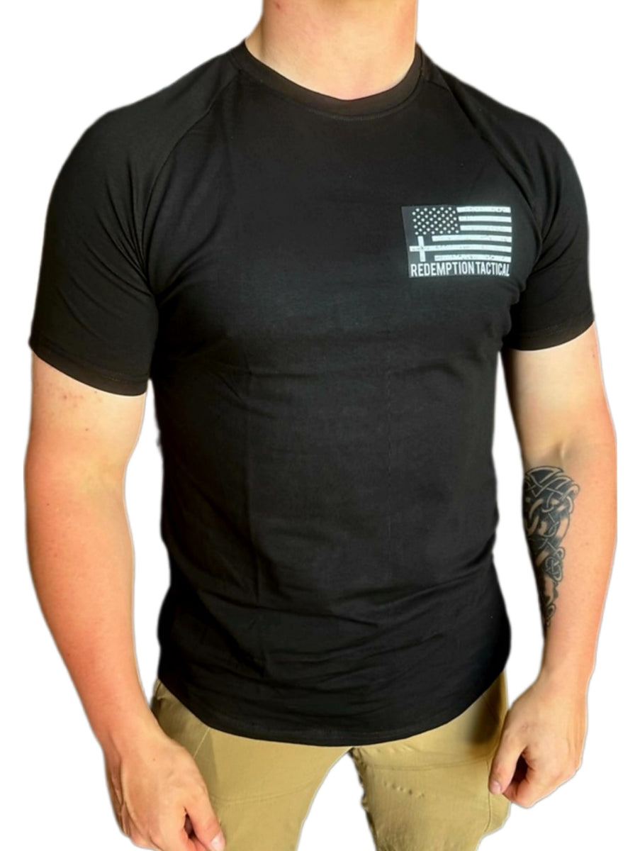 redemption tactical front view of the Black Crusader Social Club T-Shirt by Redemption Tactical, featuring the front logo and moisture-wicking fabric. Sold by Green Tip Surplus.
