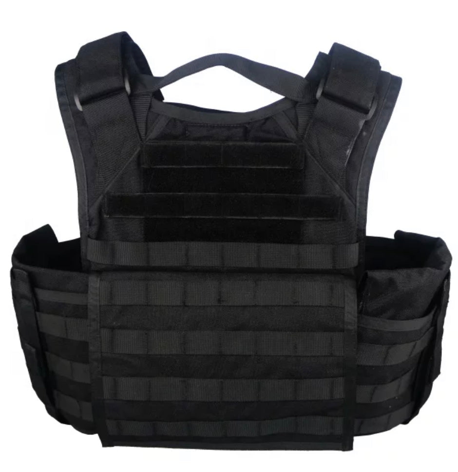 Heavy-duty XL plate carrier vest in black, equipped with Level IV plates and side protection for full-body defense by Green Tip Surplus