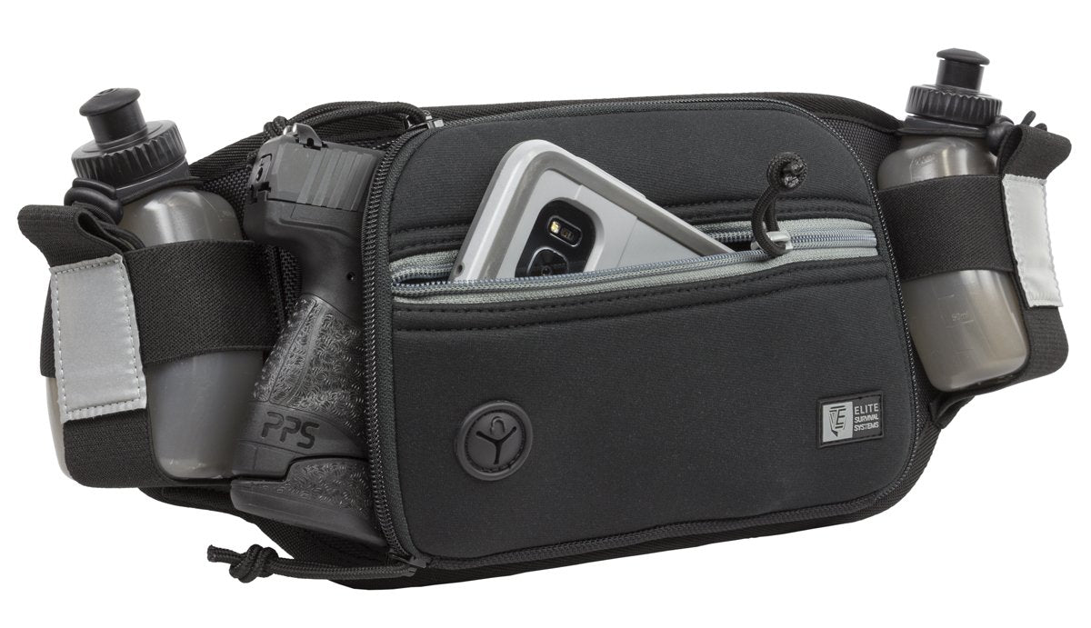 Concealed Carry Hydration Running Belt with Adjustable Holster, Dual Water Bottles, Quick Access Rip Cords, and Non-Slip Backing for Runners