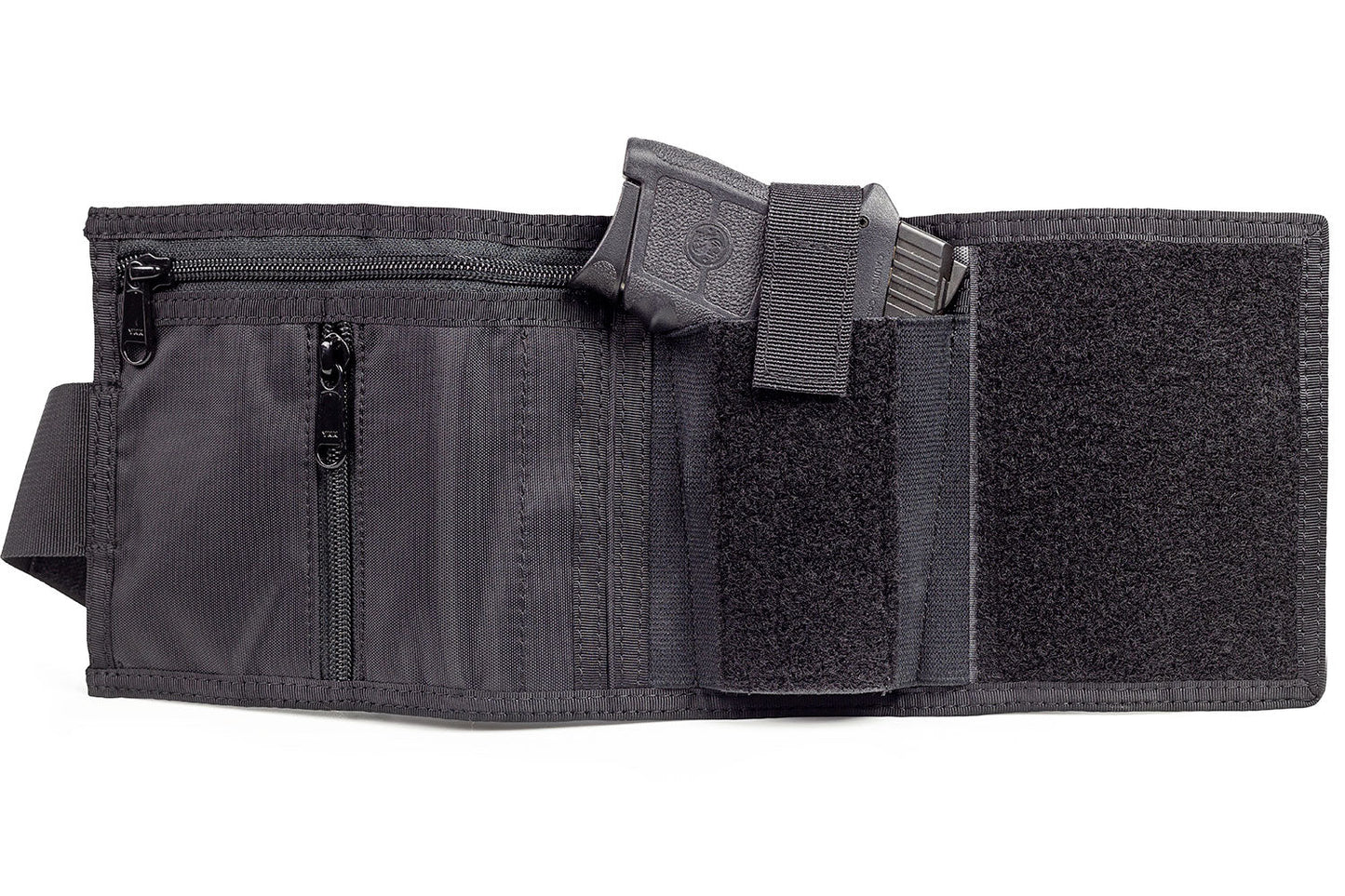 nterior view of the Hide-Away Security Wallet showcasing eleven storage compartments including zippered and hook and loop pockets.