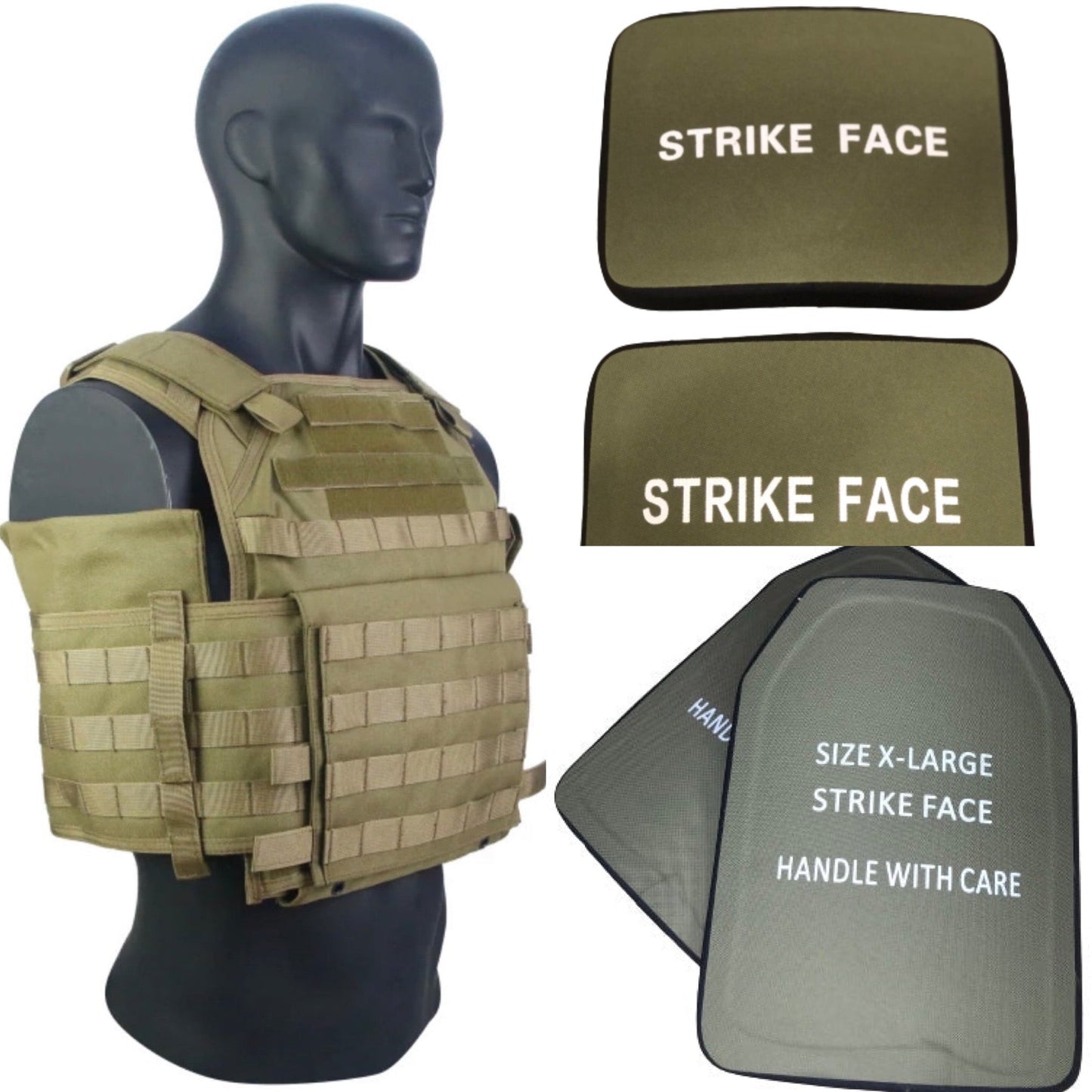 Coyote Brown XL tactical plate carrier vest with full Level IV armor setup and side coverage for maximum protection by Green Tip Surplus