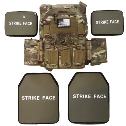 Complete Crusader 2.0 armor kit including Level IV plates, medical IFAK kit, and St. Michael patch for tactical protection by Green Tip Surplus