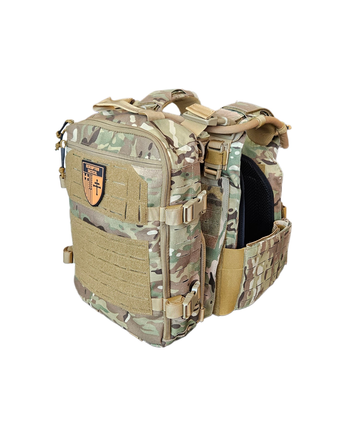 Crusader 2.0 Full Armor Combo in OCP Camo with 10x12 Level IV front and back plates, plate carrier, and mag pouch by Redemption Tactical and Green Tip Surplus.