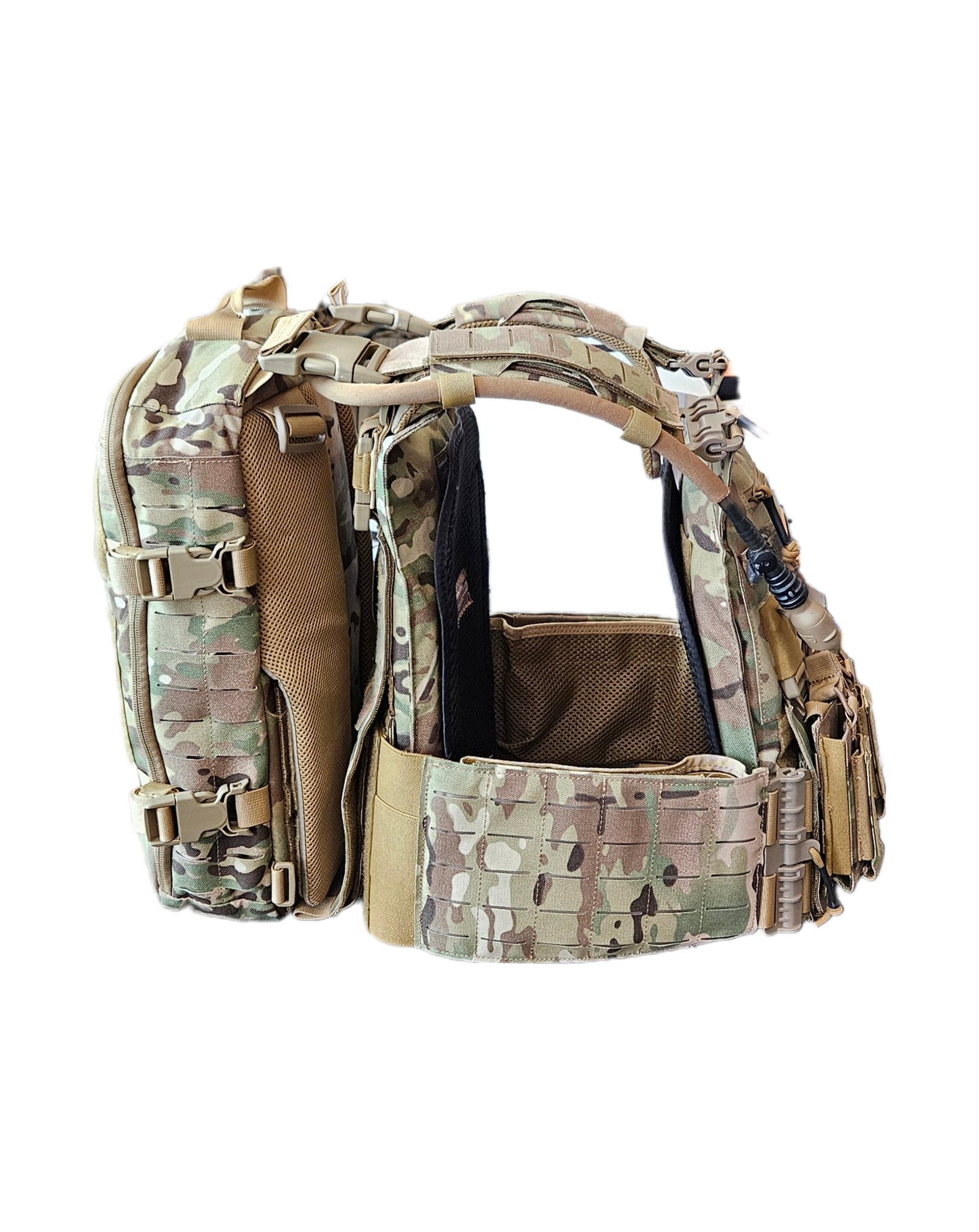 side view of Crusader 2.0 Full Armor Combo in OCP Camo with 10x12 Level IV front and back plates, plate carrier, and mag pouch by Redemption Tactical and Green Tip Surplus.