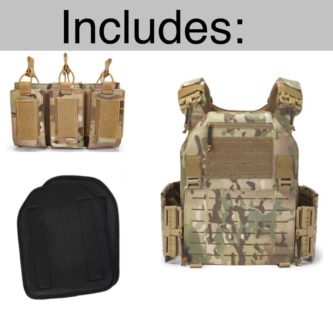 Front view of CRUSADER 2.0 tactical vest featuring laser-cut MOLLE webbing and zippered admin pouch, by Green Tip Surplus