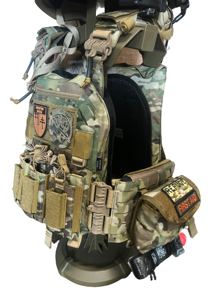 tactical military gear, Crusader 2.0 St. Michael Full Armor Kit Combo with Level IV 10x12 front/back plates, 6x8 Level III side plates, medical kit, and St. Michael patch by Green Tip Surplus