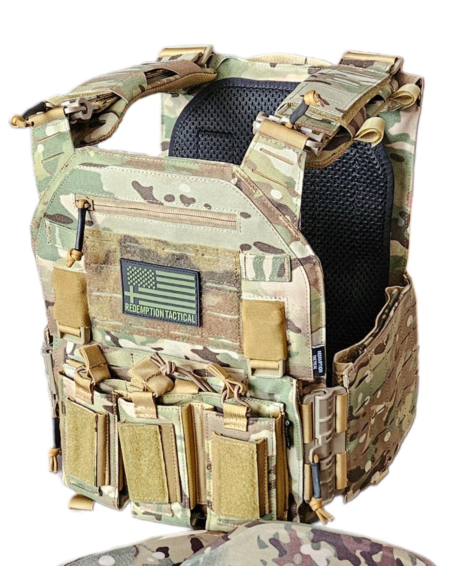 Front view of CRUSADER 2.0 tactical vest featuring laser-cut MOLLE webbing and zippered admin pouch, by Green Tip Surplus