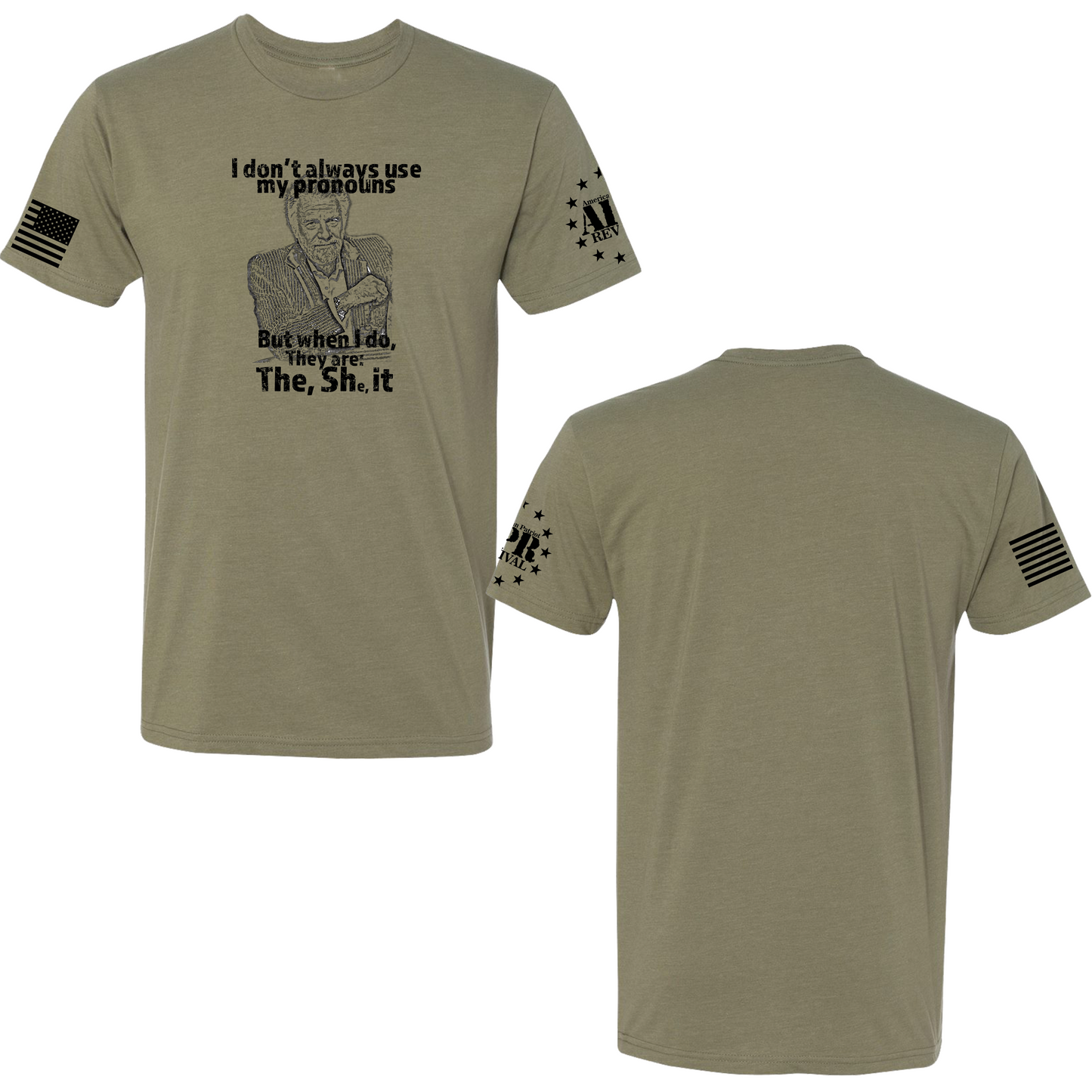 Funny meme-inspired pronoun T-shirt featuring "The, She, It" joke in bold text