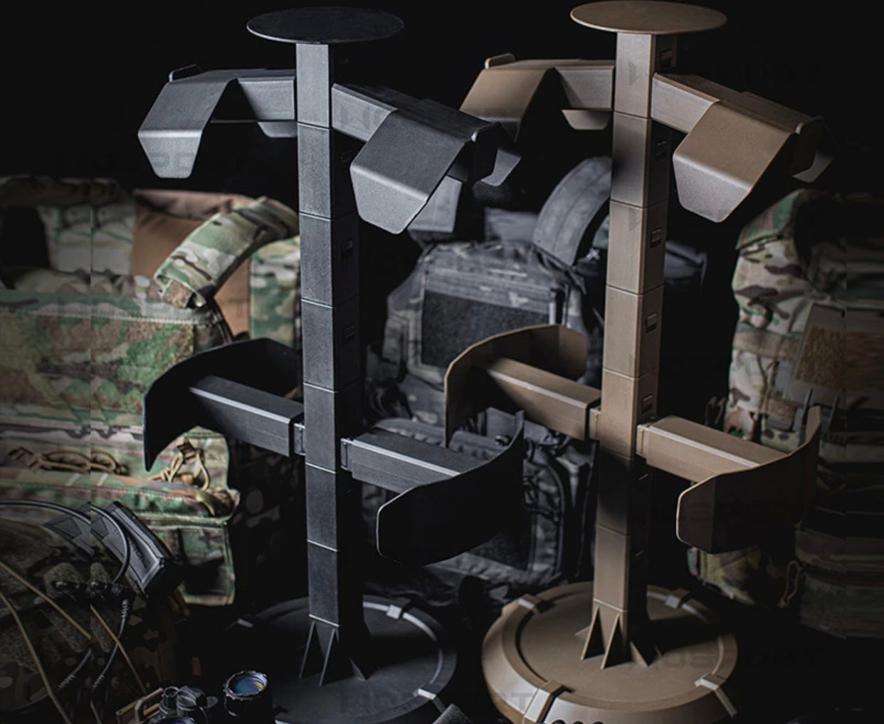 Green Tip Surplus Armor Butler Stand 2.0, built to hold tactical vests, helmets, and battle belts. This versatile and heavy-duty stand is adjustable to various sizes and comes in black or coyote brown