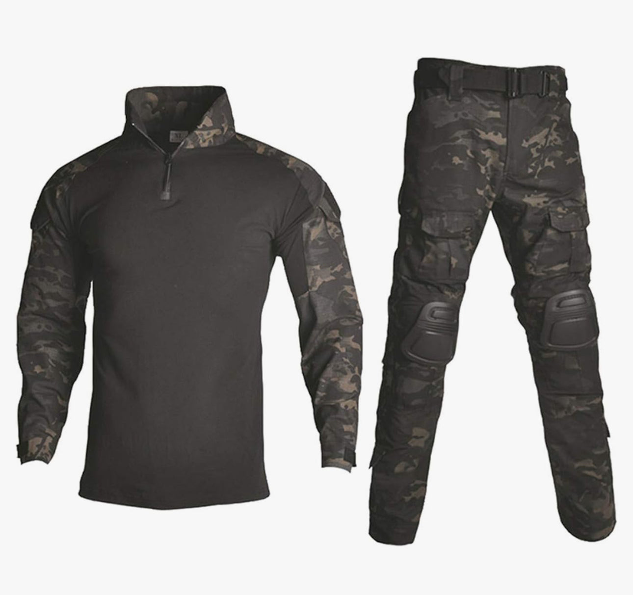 Green Tip Surplus Crusader 2.0 Tactical Uniform with Elbow and Knee Pads, including a shirt and pants with numerous gear storage pockets. Available in sizes Small to 5XL. Choose your size based on pant measurements for a perfect fit