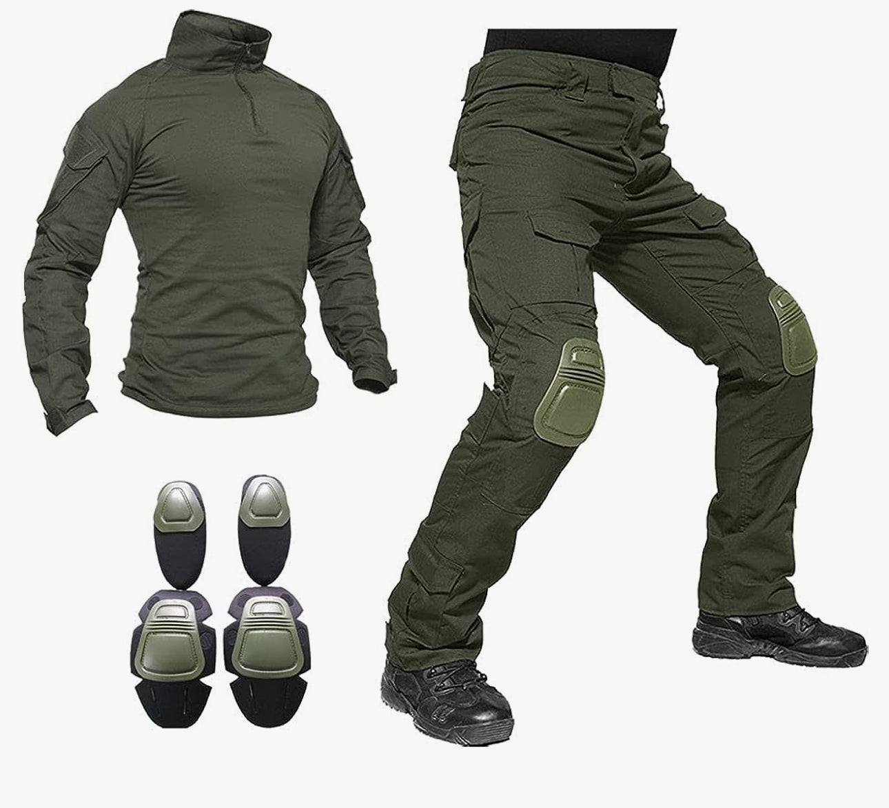 tactical gear Crusader 2.0 Uniform by Green Tip Surplus, including a shirt and pants with flexible elbow and knee pads. Designed for flexibility and comfort, with multiple pockets for gear storage. Available in sizes Small to 5XL. Choose size based on your pant size (30-S, 32-M, 34-L, etc.)