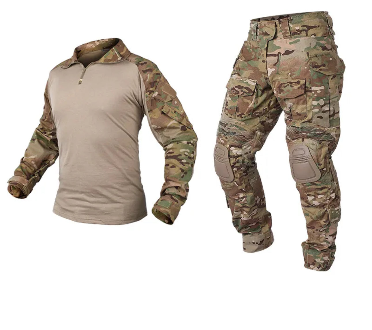 Crusader 2.0 Tactical Uniform by Green Tip Surplus, available in Multicam, Black, Camo, and Forest Camo. Includes a shirt and pants with flexible elbow and knee pads for optimal protection. Multiple pockets for storing gear