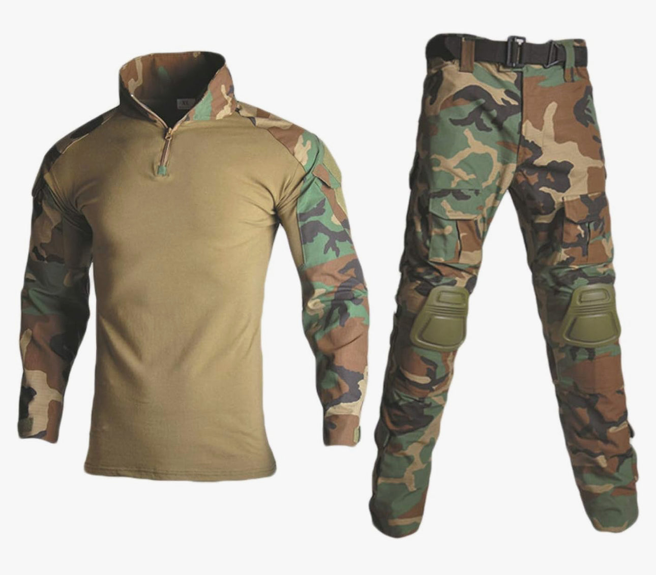 Green Tip Surplus Crusader 2.0 Tactical Uniform in Multicam, Black, Camo, and Forest Camo, featuring a shirt and pants with elbow and knee pads for enhanced comfort and flexibility. Multiple pockets for storing tactical gear