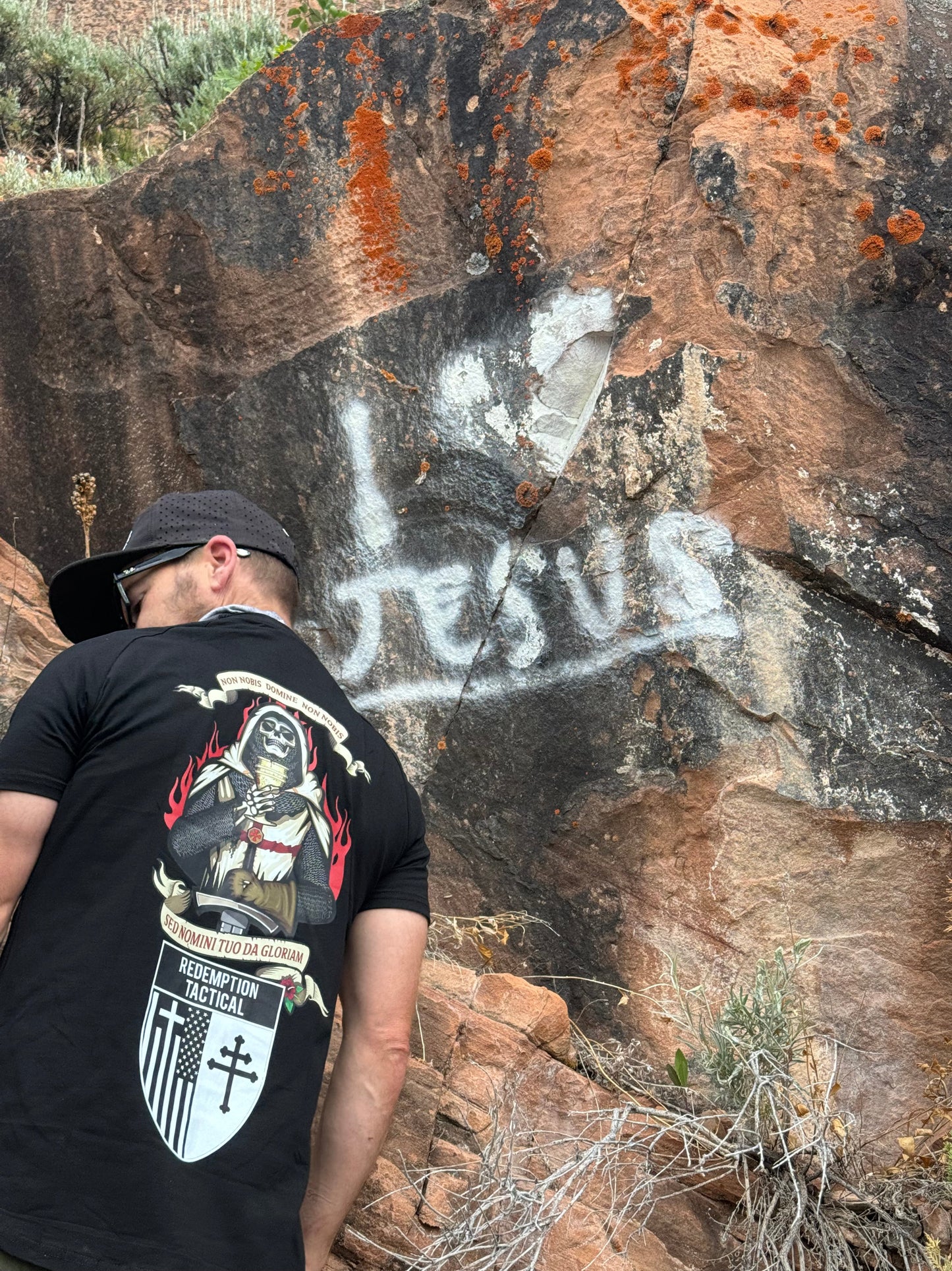 Green Tip Surplus Redemption Tactical Crusader Glory T-Shirt, crafted from stretchy, moisture-wicking fabric. The shirt features the 'Crusader Glory to God' graphic on the back, Redemption Tactical logo on the front, and a Crusader Christian flag on the left sleeve