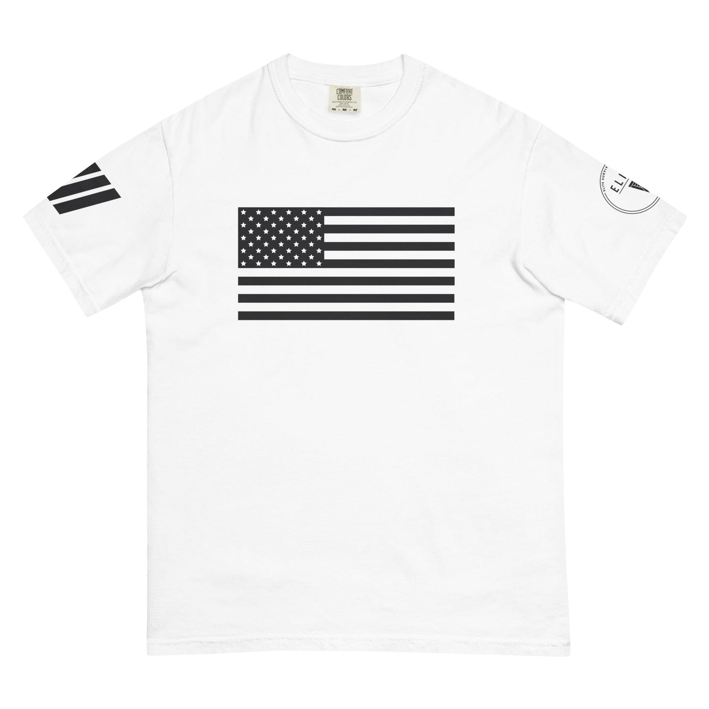 DTG printed USA flag and Elite Survival logo on the front of the garment-dyed heavyweight tee.