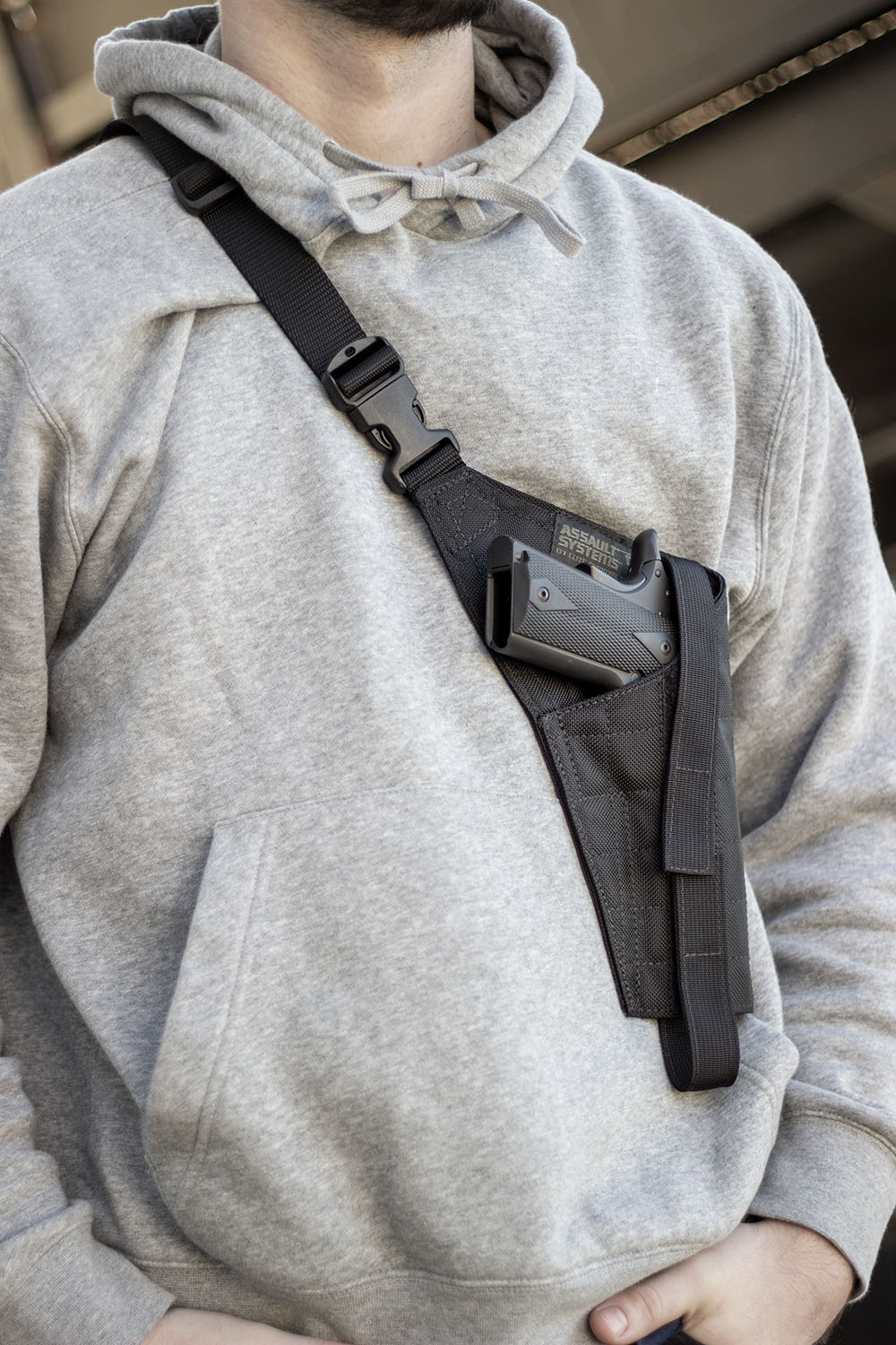 Military Shoulder Gun Holster, Adjustable Bandoleer Style, Ballistic Nylon, Fits 1911, Hi-Power, Revolvers