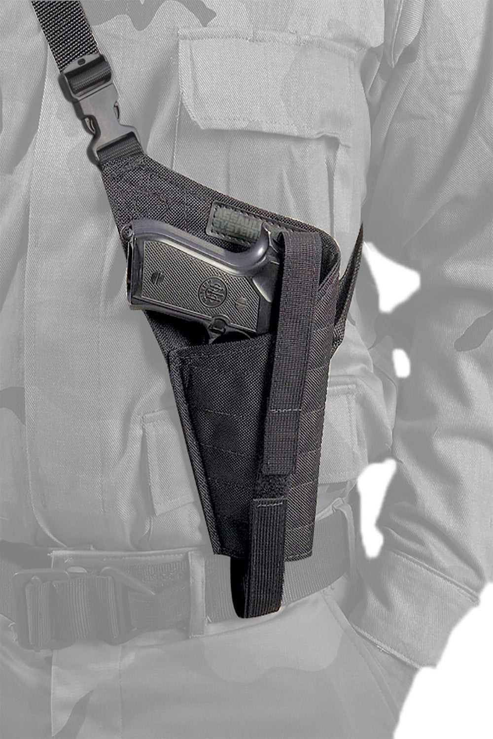 Military Shoulder Gun Holster, Adjustable Bandoleer Style, Ballistic Nylon, Fits 1911, Hi-Power, Revolvers