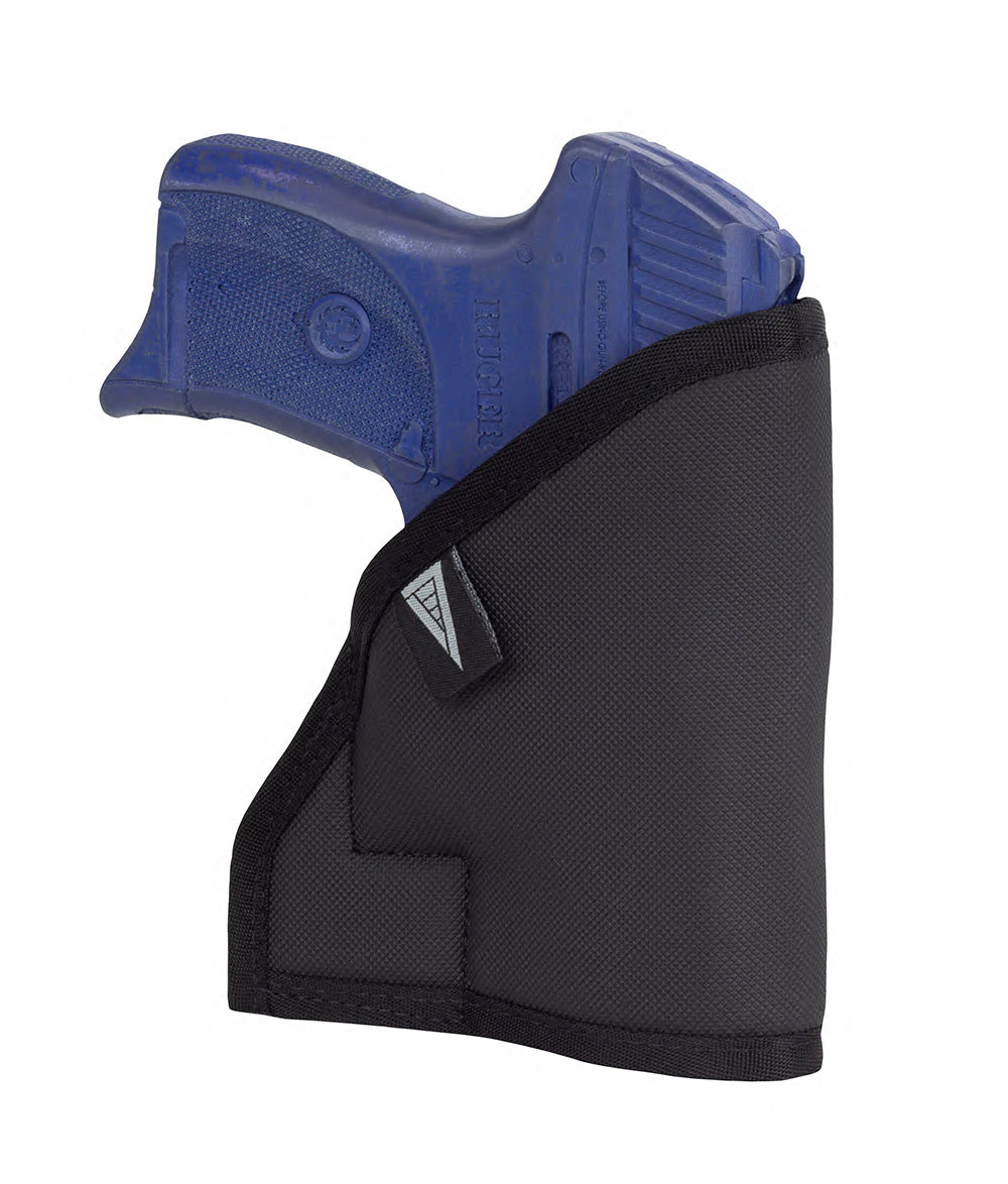 Pistol inserted in holster showing upright position inside the pocket