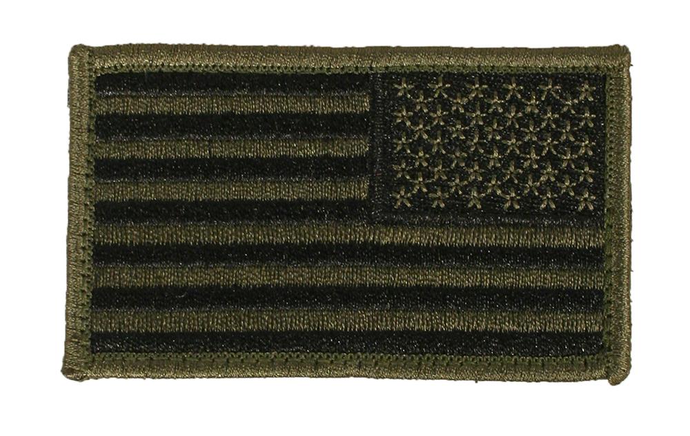 Reverse orientation subdued olive US flag patch with hook backing
