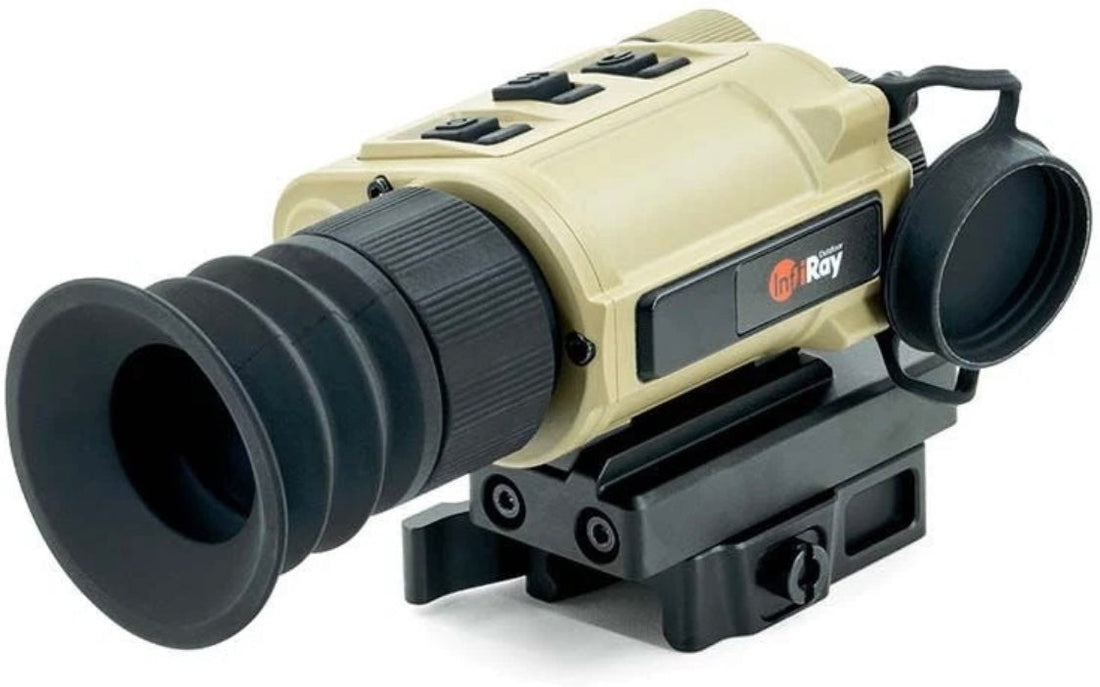 nfiRay RICO Micro V2 RH25 thermal monocular in tan, featuring 1-4x25mm lens, 640x480 resolution, and multi-use design for hunting, tactical, and helmet-mounted applications.