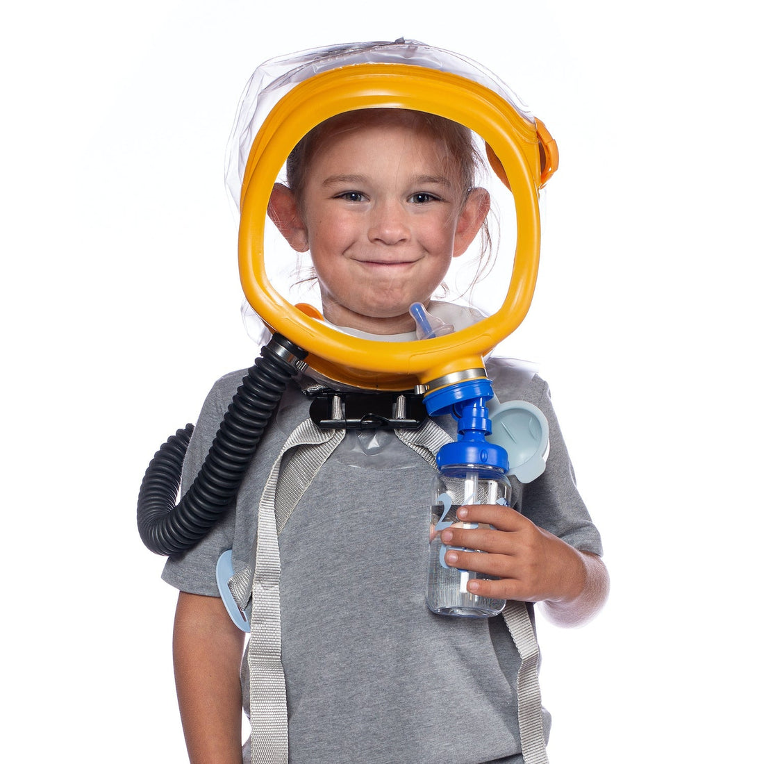 CM-3M CBRN Child Escape Respirator and Infant Gas Mask system with blower unit, expandable hood, hydration system, and 40mm NATO filter, designed for emergency protection of toddlers and young teens
