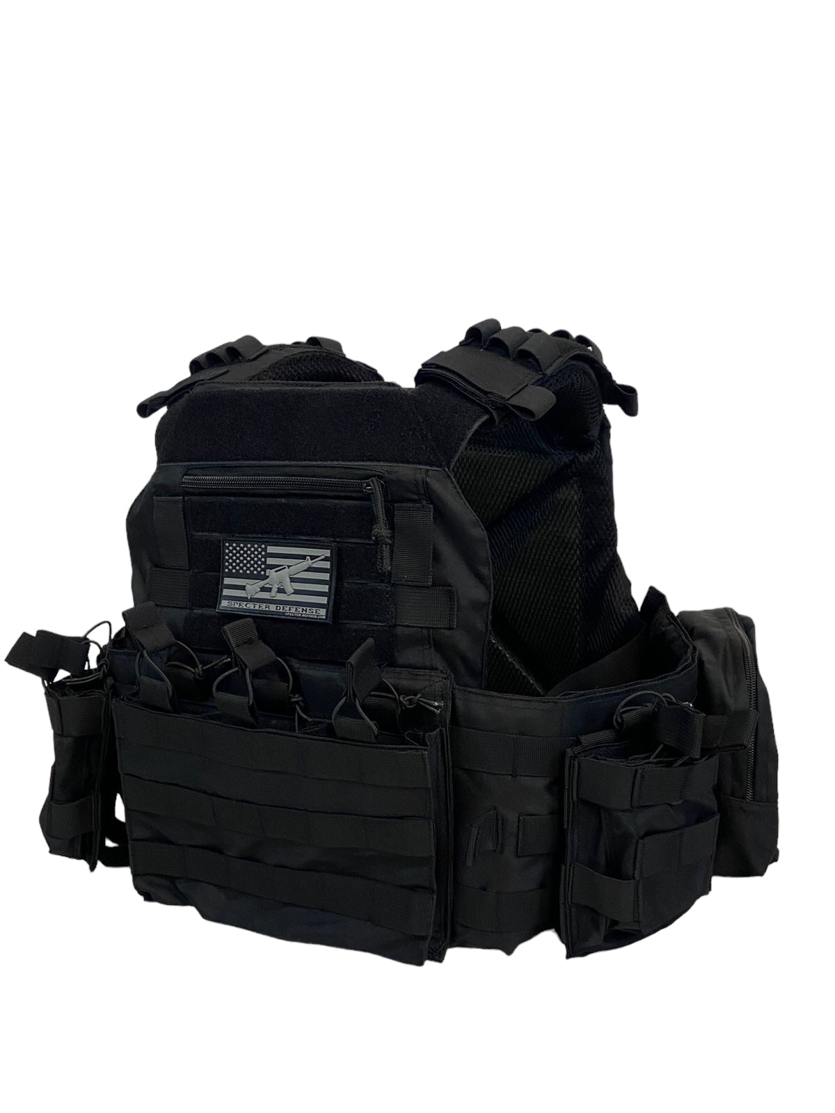 10-piece Black FAPV G4 Plate Carrier by Green Tip Surplus with adjustable shoulder straps, MOLLE system, and multiple utility pouches. Holds 10x13 ballistic plates 