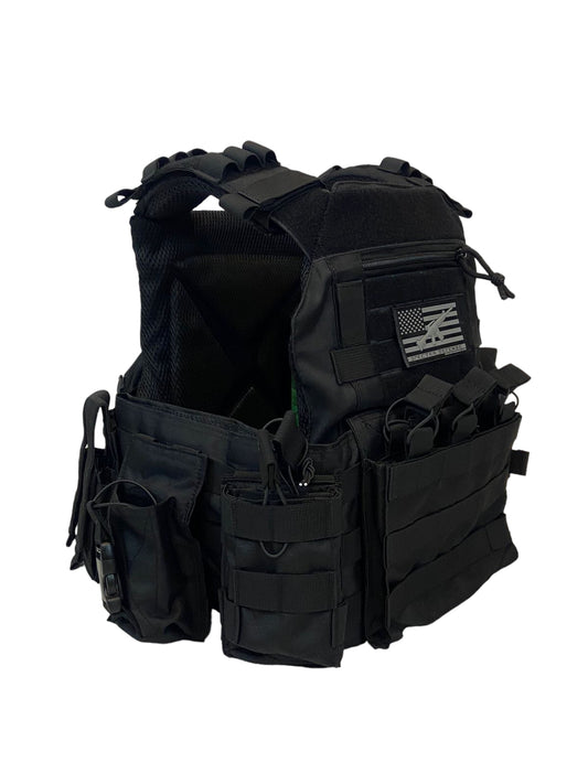 Black FAPV G4 Plate Carrier by Green Tip Surplus, made with Multicam® 500D Nylon Cordura. Features MOLLE system, adjustable shoulder straps, and multiple pouches. Compatible with 10x13 ballistic plates (plates not included).