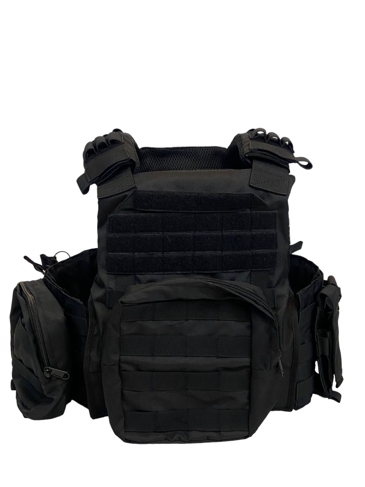 Durable Black FAPV G4 Plate Carrier Vest by Green Tip Surplus made with Genuine Multicam® 500D Nylon Cordura. Includes MOLLE pouches, adjustable straps, and pockets for hard and soft armor plates.
