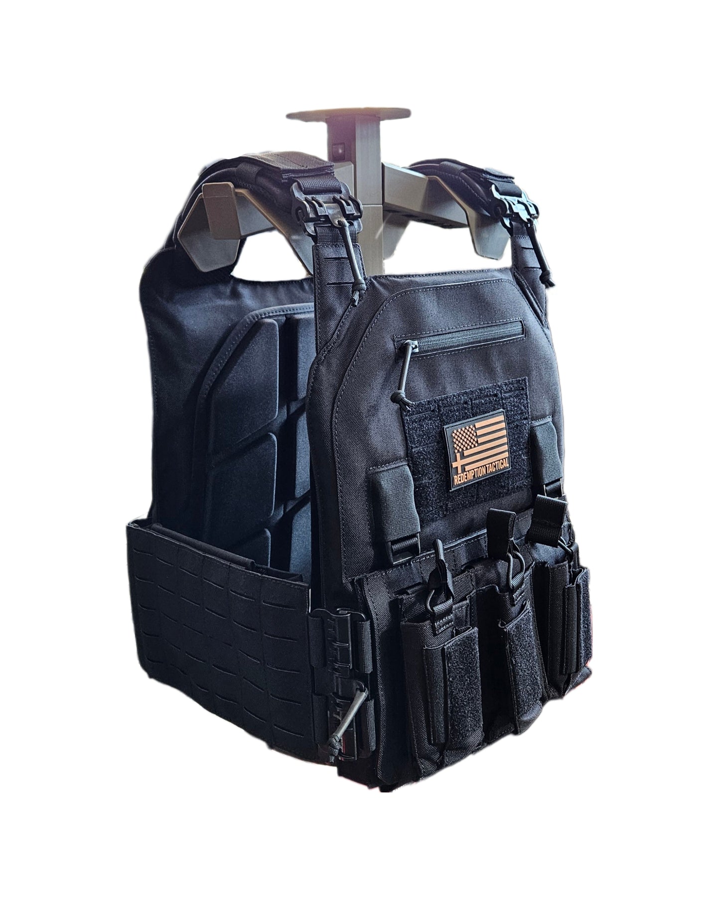 Close-up of the Black CRUSADER 2.0 XL Plate Carrier featuring quick-release buckles on both shoulders and waist for fast removal during emergencies or bugout situations
