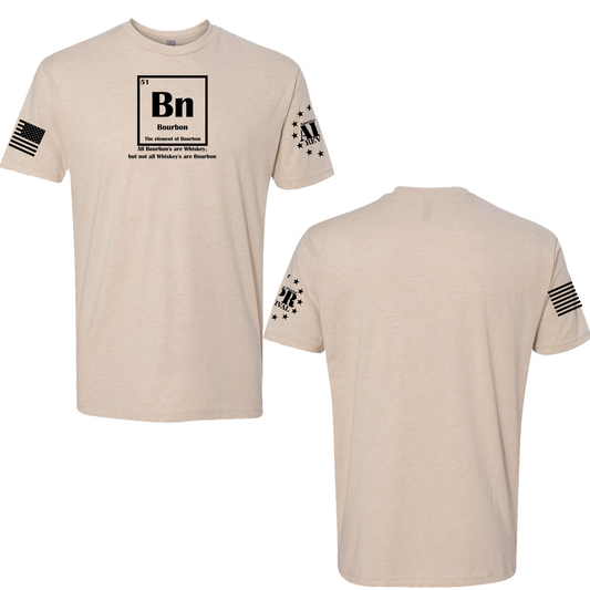 Element of Bourbon T-shirt with periodic table-inspired design, featuring 'Bn' for bourbon and the quote: 'All bourbons are whiskeys, but not all whiskeys are bourbons.