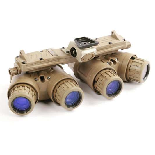 L3Harris GPNVG-18 night vision goggles with four unfilmed white phosphor tubes and panoramic lens layout

Front view of L3 GPNVG-18 panoramic night vision system showing 4-tube configuration and wide FOV design