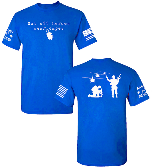 Military tribute t-shirt with 'Not All Heroes Wear Capes' text and dog tags on the front, and a silhouette of soldiers on the back honoring armed forces