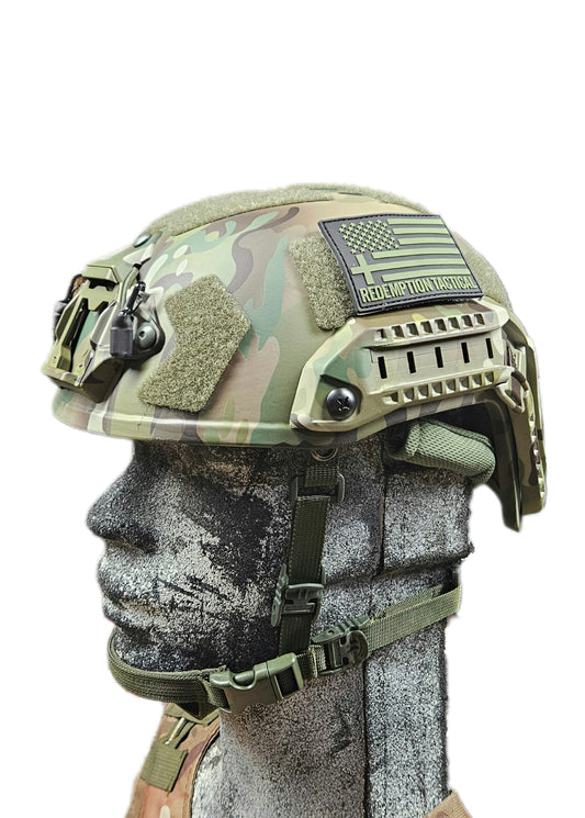 Front view of RT2 ballistic tactical helmet with NVG mount and Arc rails, designed for military and law enforcement use. military gear and tactical gear by green tip surplus