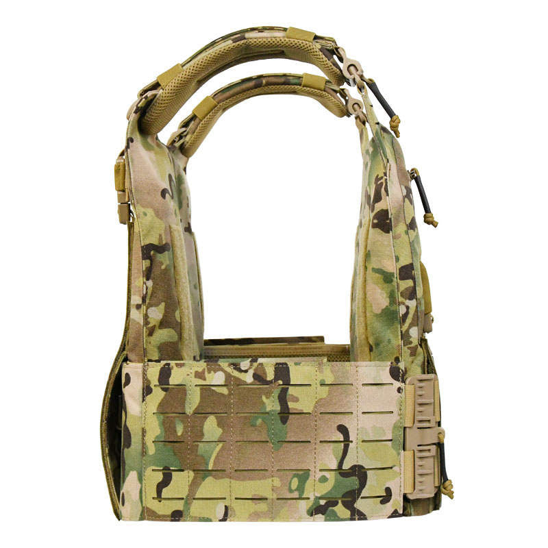 Side view of the CRUSADER 2.0 XL Plate Carrier showing the adjustable cummerbund with plate pockets for 6x6, 6x8, or 8x6 side plates, featuring a Velcro closure for a secure fit
