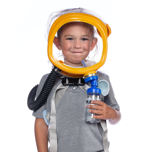 CM-3M CBRN Child Escape Respirator and Infant Gas Mask System by MIRA Safety, with integrated PAPR blower, hydration system, and NATO filter – ideal protective gear for toddlers, children, and small teens