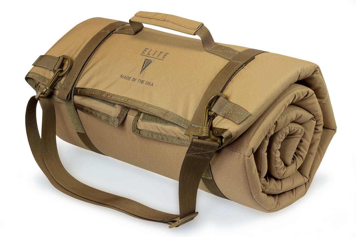Roll-up shooting mat rolled and packed for transport