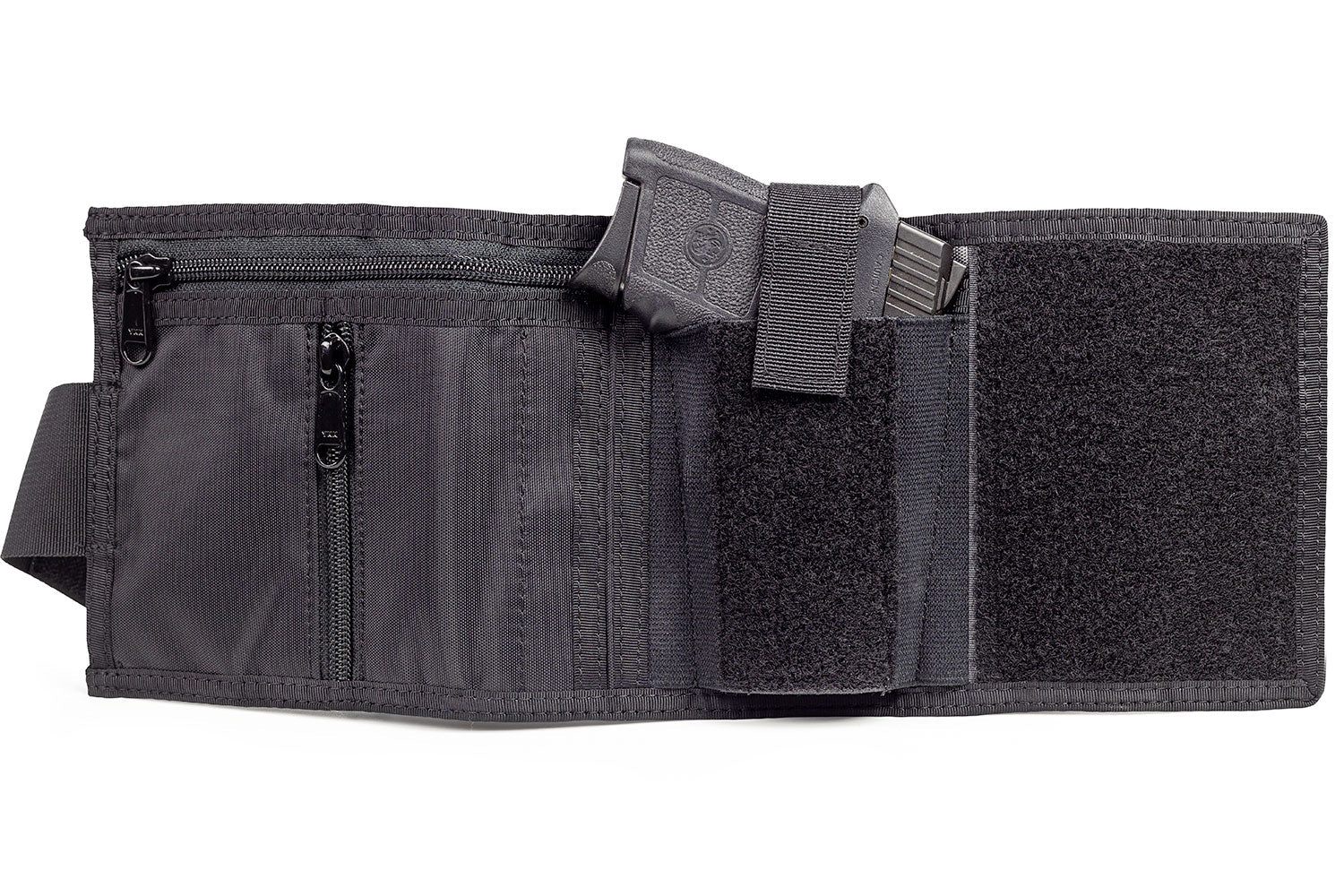nterior view of the Hide-Away Security Wallet showcasing eleven storage compartments including zippered and hook and loop pockets.
