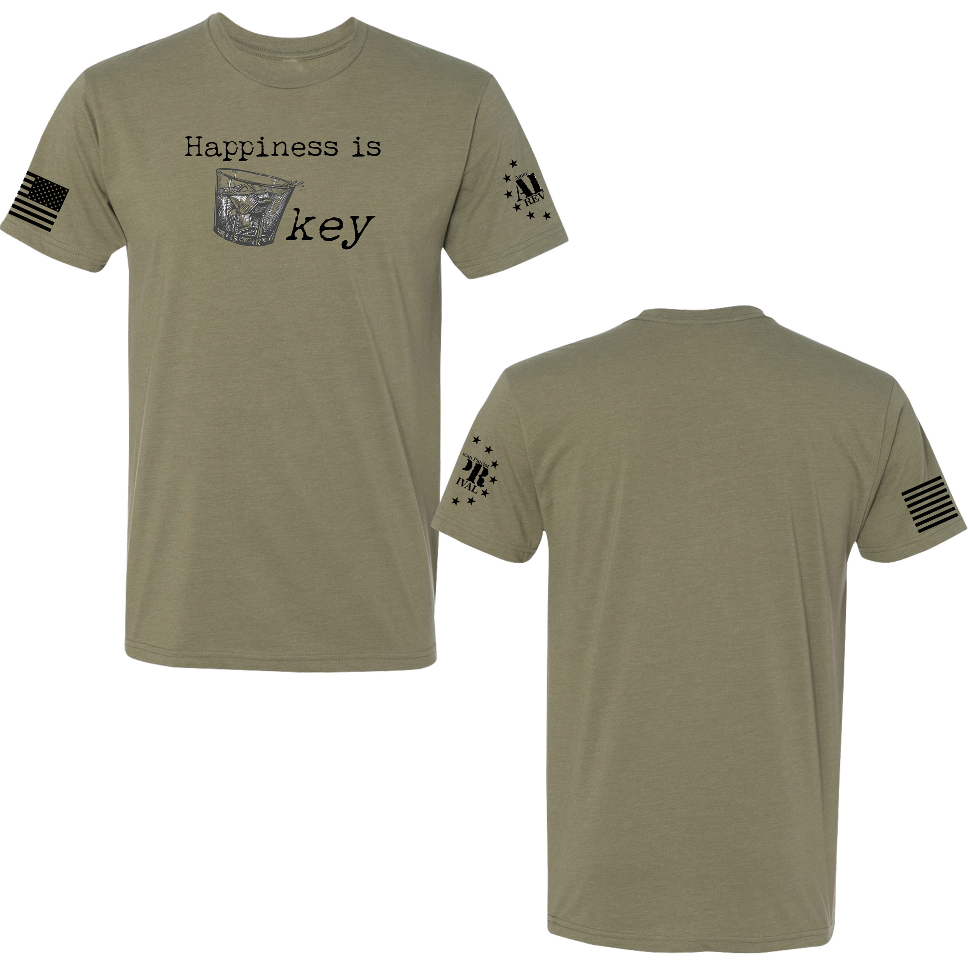 Funny T-shirt design with the quote "Happiness is Key" and a glass of whiskey graphic


