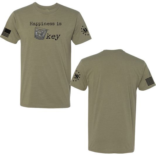 Funny T-shirt design with the quote "Happiness is Key" and a glass of whiskey graphic


