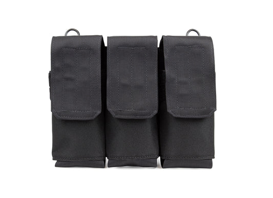 "Elite Survival Systems triple hook and loop magazine pouch for .223/.308, holding six total magazines."
