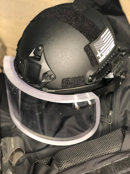 Level IIIA Ballistic Glass Face Shield with Helmet ARC Rail Mount, designed for full-face protection while maintaining visibility, tested to NIJ 9mm standards