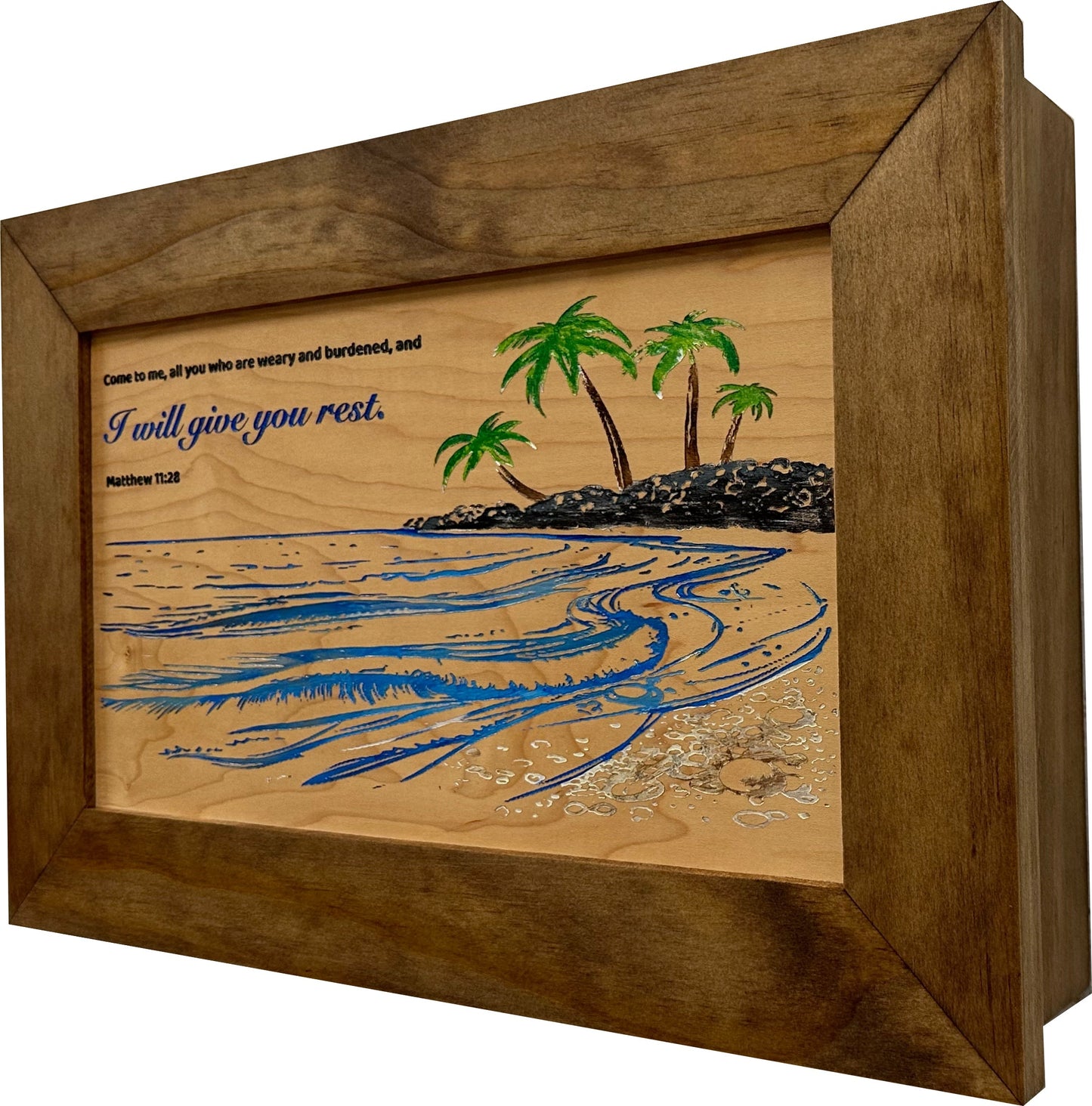 Bible Verse Decorative & Secure Wall-Mounted Gun Cabinet - Matthew 11:28 and Coastal Scene