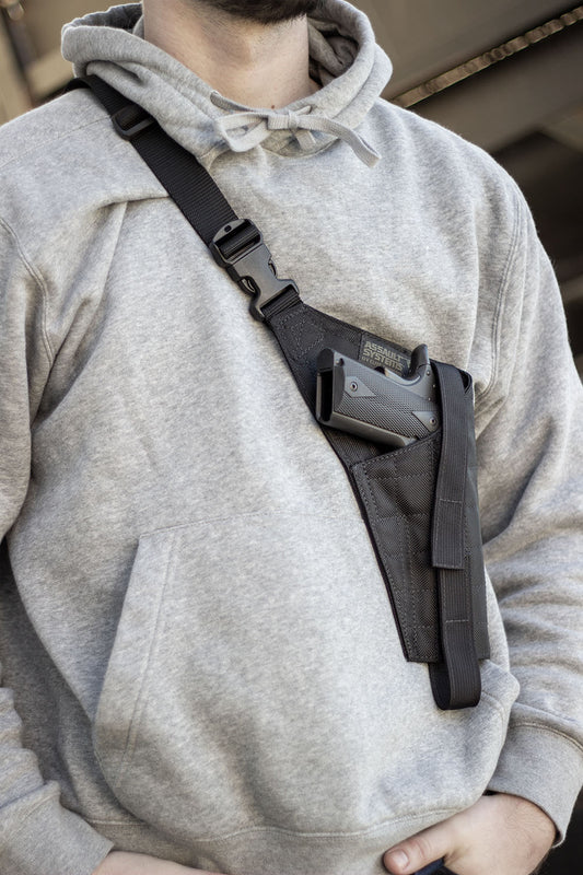 Military Shoulder Gun Holster, Adjustable Bandoleer Style, Ballistic Nylon, Fits 1911, Hi-Power, Revolvers