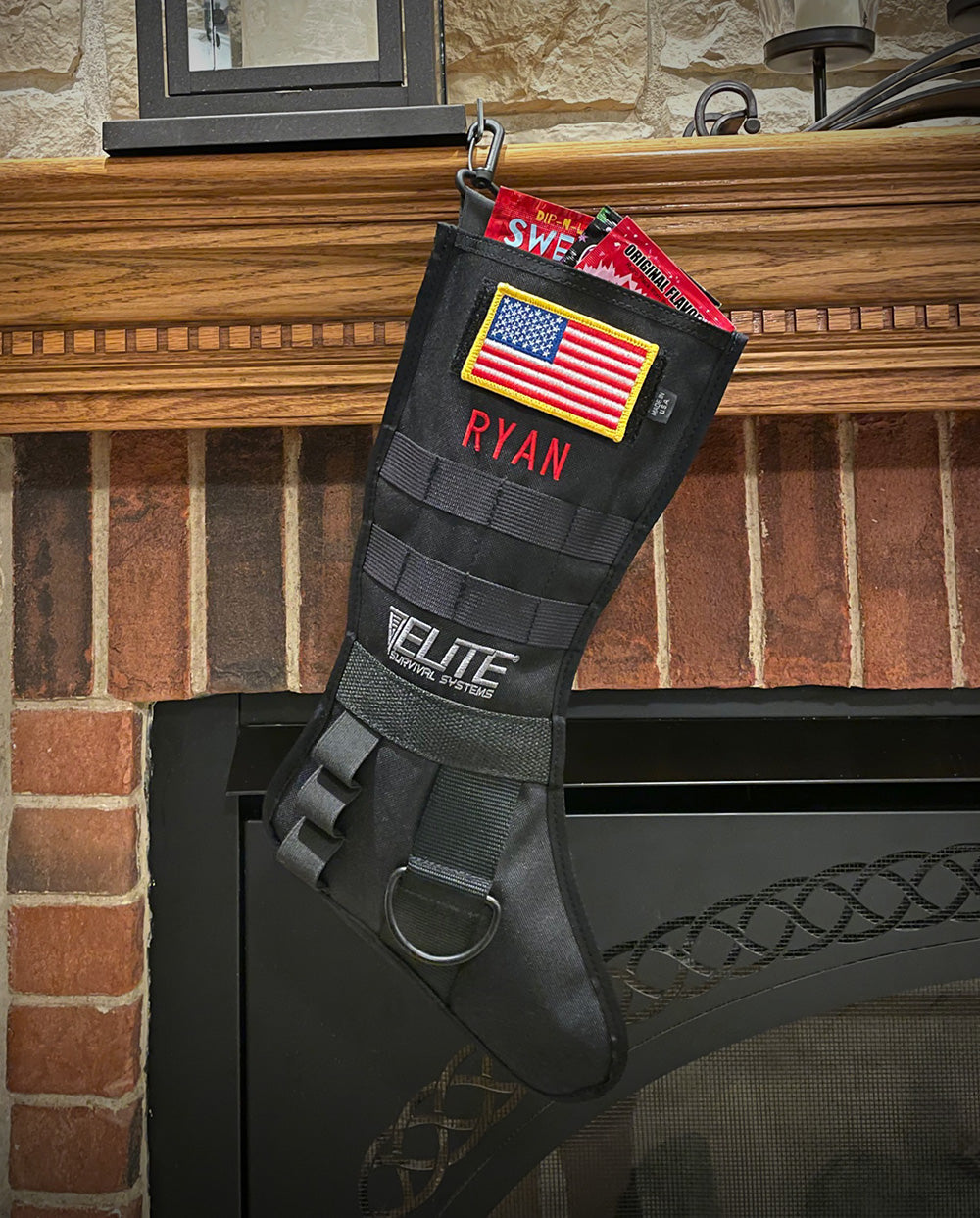 Black tactical Christmas stocking with MOLLE and name embroidery
