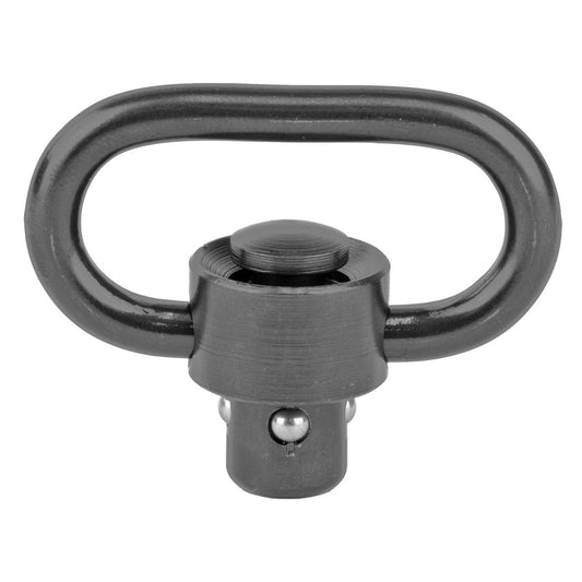 "Heavy-duty push button sling swivel set with non-reflective manganese phosphate finish, showing both 1-inch and 1-1/4-inch swivels."


