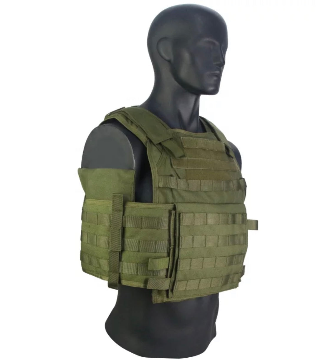 Olive drab BIG BOY XL vest combo package with tactical MOLLE vest and complete ballistic plate setup by Green Tip Surplus